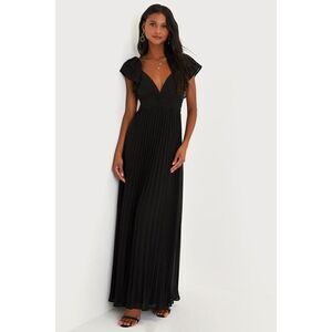 Lulus Ideal Occasion Black Pleated Flutter Sleeve Backless Maxi Dress - Size L